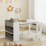 Kids Desk and Chair Set with Paper Roll, Kids Activity Craft Table with Storage Shelves and Drawers, Gray - Image 2