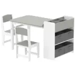 Kids Desk and Chair Set with Paper Roll, Kids Activity Craft Table with Storage Shelves and Drawers, Gray