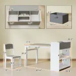 Kids Desk and Chair Set with Paper Roll, Kids Activity Craft Table with Storage Shelves and Drawers, Gray - Image 3