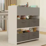 Kids Desk and Chair Set with Paper Roll, Kids Activity Craft Table with Storage Shelves and Drawers, Gray - Image 8
