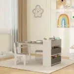 Kids Desk and Chair Set with Paper Roll, Kids Activity Craft Table with Storage Shelves and Drawers, Gray - Image 10