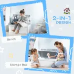 Kids Toy Storage Bench with Backrest and Safety Hinge, White and Gray - Image 4