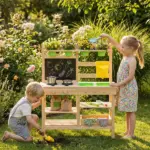 Kids Mud Kitchen, Outdoor Wooden Play Kitchen with Kitchenware and Garden Tools, Pretend Play Outdoor Toys, Natural - Image 2