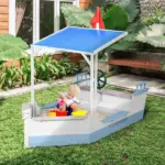 Kids Sandboat Sandbox with Bench Seats and UV Resistant Canopy, Blue - Image 2