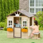 Outsunny Kids Outdoor Wooden Playhouse, Garden Adventure Cottage, Door, Service Station, Flower Pot Holder - Image 2