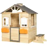 Outsunny Kids Outdoor Wooden Playhouse, Garden Adventure Cottage, Door, Service Station, Flower Pot Holder - Image 11