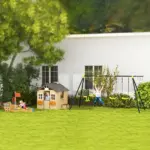 Outsunny Kids Outdoor Wooden Playhouse, Garden Adventure Cottage, Door, Service Station, Flower Pot Holder - Image 9