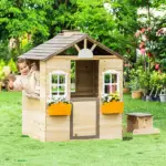 Outsunny Kids Outdoor Wooden Playhouse, Garden Adventure Cottage, Door, Service Station, Flower Pot Holder - Image 10