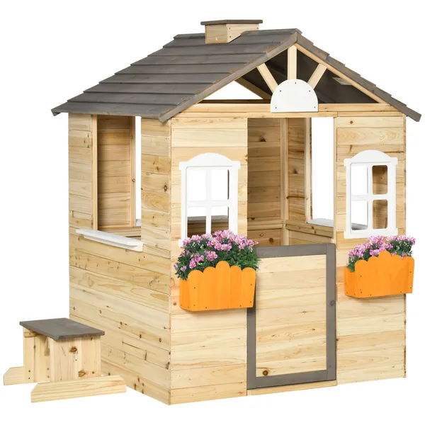 kids-outdoor-wooden-playhouse-garden-adventure-cottage-door-service-station-flower-pot-holder.webp Outsunny Kids Outdoor Wooden Playhouse, Garden Adventure Cottage, Door, Service Station, Flower Pot Holder - Image 1