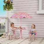 Kids Picnic Table and Chair Set, Outdoor Table with Foldable Chairs, Removable Umbrella, Pink - Image 2