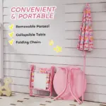 Kids Picnic Table and Chair Set, Outdoor Table with Foldable Chairs, Removable Umbrella, Pink - Image 5