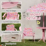 Kids Picnic Table and Chair Set, Outdoor Table with Foldable Chairs, Removable Umbrella, Pink - Image 6
