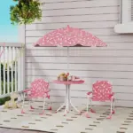Qaba Kids Picnic Table, Kids Table and Chair Set with 2 Folding Chairs and Umbrella for Backyard, Garden, Patio, Pink - Image 2