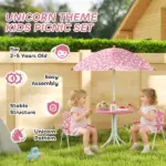 Qaba Kids Picnic Table, Kids Table and Chair Set with 2 Folding Chairs and Umbrella for Backyard, Garden, Patio, Pink - Image 4