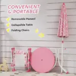 Qaba Kids Picnic Table, Kids Table and Chair Set with 2 Folding Chairs and Umbrella for Backyard, Garden, Patio, Pink - Image 5