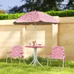 Qaba Kids Picnic Table, Kids Table and Chair Set with 2 Folding Chairs and Umbrella for Backyard, Garden, Patio, Pink - Image 10