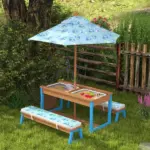 Kids Picnic Table Set with Foldable Umbrella, Removable Cushions and Boxes, Dinosaur Theme, Blue - Image 2