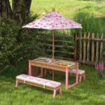 Kids Picnic Table Set with Foldable Umbrella, Removable Cushions and Boxes, Flamingo Theme, Pink - Image 2