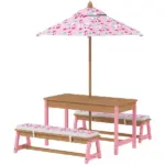 Kids Picnic Table Set with Foldable Umbrella, Removable Cushions and Boxes, Flamingo Theme, Pink