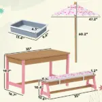 Kids Picnic Table Set with Foldable Umbrella, Removable Cushions and Boxes, Flamingo Theme, Pink - Image 3
