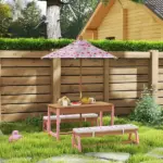 Kids Picnic Table Set with Foldable Umbrella, Removable Cushions and Boxes, Flamingo Theme, Pink - Image 10