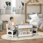 Kids Play Table Set 3PC with Reversible Top, Chalkboard, Storage, Bookshelf, Gray, Educational - Image 2