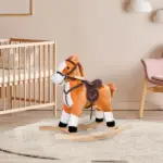 Kids Plush Rocking Horse, Wooden, Realistic Sounds, Moving Tail, Brown, Interactive Fun for Toddlers - Image 2