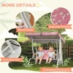 Kids Porch Swing, 2-Seater Patio Swing Bench with Safety Belts, Adjustable Canopy for Backyard, Garden, Pink - Image 5