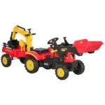 Aosom Kids Ride On Excavator Toy Pedal Powered Digger with 6 Wheels Detachable Trailer Controllable Bucket for Ages 3-6