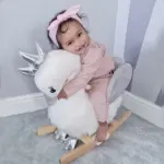 Kids Ride on Horse Swan Rocker with Sound, Plush Seat, Wooden Base, Safety Belt, for Toddlers 18-36 months, White - Image 2
