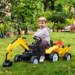 Kid's Ride-On Toy, Pedal Digger Construction Car with Horn and Detachable Trailer, Yellow - Image 2