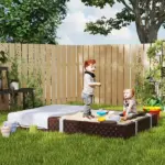 Kids Sandbox with Cover, 4 Corner Seats, Bottom Liner for Backyard, Garden, Outdoor, 73" x 47" x 9", Dark Brown - Image 9