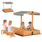 Qaba Kids Sandbox with Lid, Wooden Sand Pit with Canopy, Foldable Picnic Table, Bench Seats, Bottom Liner, Cover, Brown