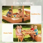 Qaba Kids Sandbox with Lid, Wooden Sand Pit with Canopy, Foldable Picnic Table, Bench Seats, Bottom Liner, Cover, Brown - Image 3