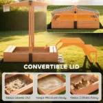 Qaba Kids Sandbox with Lid, Wooden Sand Pit with Canopy, Foldable Picnic Table, Bench Seats, Bottom Liner, Cover, Brown - Image 5