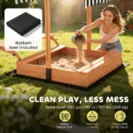 Qaba Kids Sandbox with Lid, Wooden Sand Pit with Canopy, Foldable Picnic Table, Bench Seats, Bottom Liner, Cover, Brown - Image 6