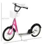 Aosom kids Scooter, Kick Scooter with Adjustable Handlebars, Double Brakes, Inflatable Rubber Tires, Basket, Cupholder, Mudguard, Pink - Image 3