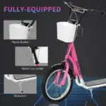 Aosom kids Scooter, Kick Scooter with Adjustable Handlebars, Double Brakes, Inflatable Rubber Tires, Basket, Cupholder, Mudguard, Pink - Image 6