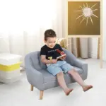 Kids Sofa Gray 2-Seat Comfortable Linen Fabric Wooden Frame Child Couch for Ages 3-6 Playroom Furniture - Image 2