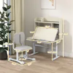 Kids Study Desk and Chair Set with Adjustable Height, Tiltable Desktop, Hutch and Drawer for Ages 3-12, Gray - Image 3