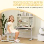 Kids Study Desk and Chair Set with Adjustable Height, Tiltable Desktop, Hutch and Drawer for Ages 3-12, Gray - Image 8