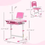 Kids Table and Chair Set with USB Light, Storage Drawer, Pink - Image 3