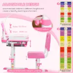 Kids Table and Chair Set with USB Light, Storage Drawer, Pink - Image 6