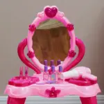 Kids Vanity Set with Mirror and Stool, Light and Sound, 15 Accessories, Pink - Image 9