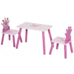 Kids Wood Table and Chair, 3 Piece Set with Crown Pattern, Charming Desk for Toddlers 3-8 Years, Princess-Themed Room, Pink