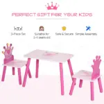 Kids Wood Table and Chair, 3 Piece Set with Crown Pattern, Charming Desk for Toddlers 3-8 Years, Princess-Themed Room, Pink - Image 6