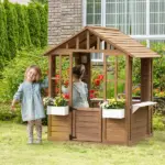 Kids Wooden Playhouse, Outdoor Garden Games Cottage with Working Door, Windows, Flowers Pot Holder, 47" x 38" x 54" - Image 2