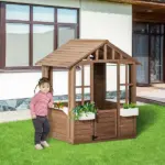 Kids Wooden Playhouse, Outdoor Garden Games Cottage with Working Door, Windows, Flowers Pot Holder, 47" x 38" x 54" - Image 10