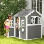 Kids' Wooden Playhouse, Outdoor with Floors, Doors, Windows, Planter Box for Ages 3-8, Backyard or Garden - Image 2