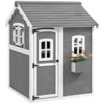 Kids' Wooden Playhouse, Outdoor with Floors, Doors, Windows, Planter Box for Ages 3-8, Backyard or Garden